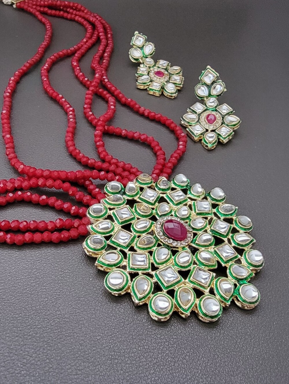 Ruby Red Multi-Strand Kundan Statement Necklace Set | Bridal Bollywood Jewelry
